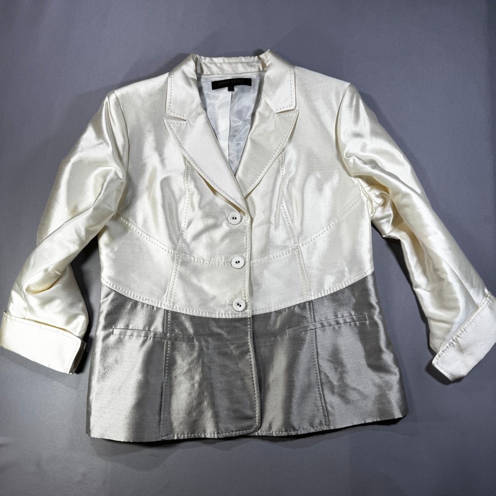 Anne Klein Women 14 Wool Silk Blazer Jacket Cream Silver Colorblock GD107B045J